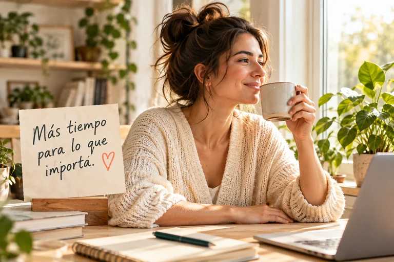 Una mujer disfruta una pausa con café junto al mensaje escrito a mano: Más tiempo para lo que importa